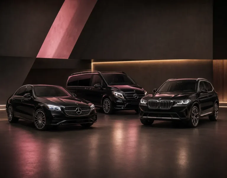 نماذج من سيارات النقل الفاخرة مع سائق: مرسيدس V-Class ومرسيدس E-Class وBMW X3