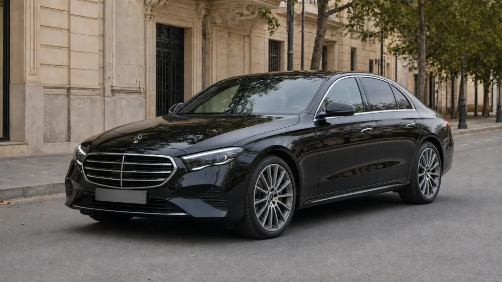 صورة توضيحية لسيارة Mercedes-Benz E-Class سوداء موديل 2026 في برشلونة