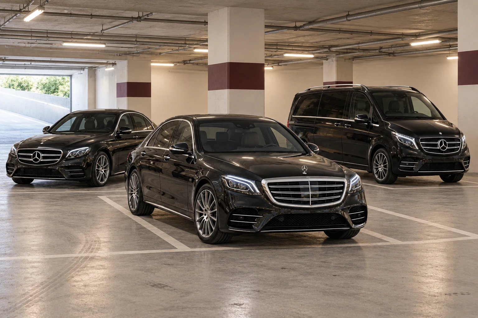 AI-generated illustration of black Mercedes-Benz S-Class, E-Class and V-Class vehicles in an upscale garage