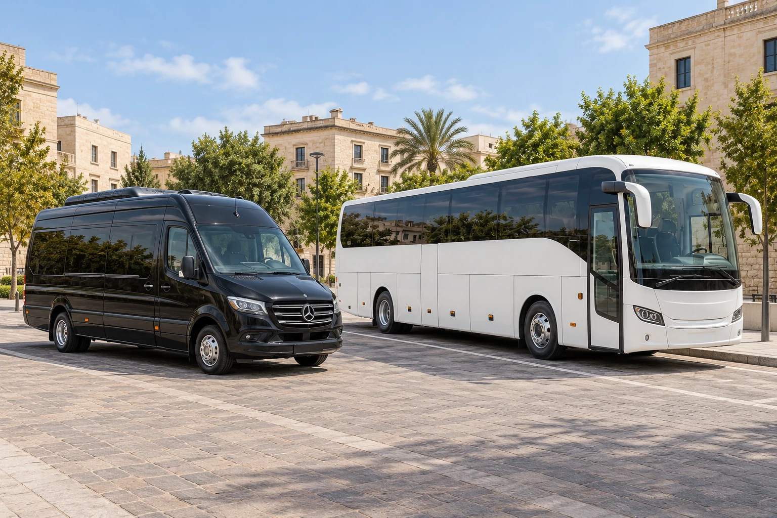 AI-generated illustration of a black Mercedes-Benz minibus beside a white touring coach