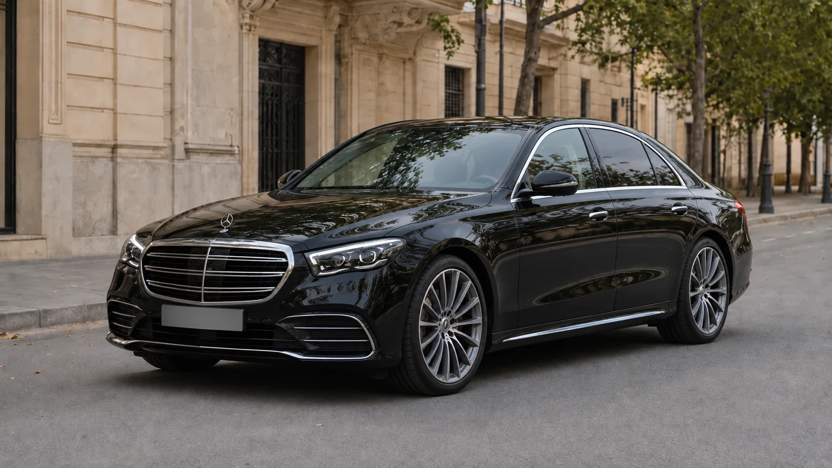 AI-generated illustration of a black Mercedes-Benz S-Class luxury sedan on a tree-lined Barcelona street