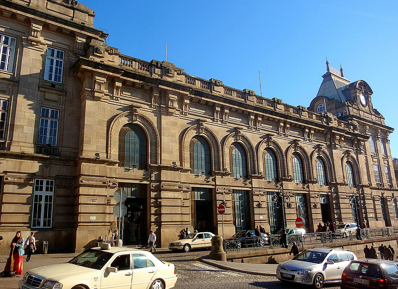 The historic facade of São Bento railway station in central Porto, Portugal